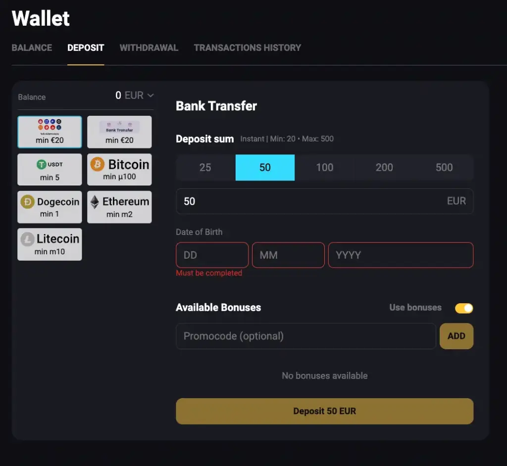 Wallet screenshot for deposit process