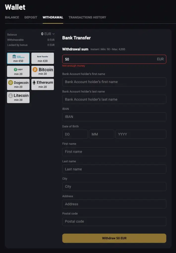 Wallet screenshot for withdrawal process